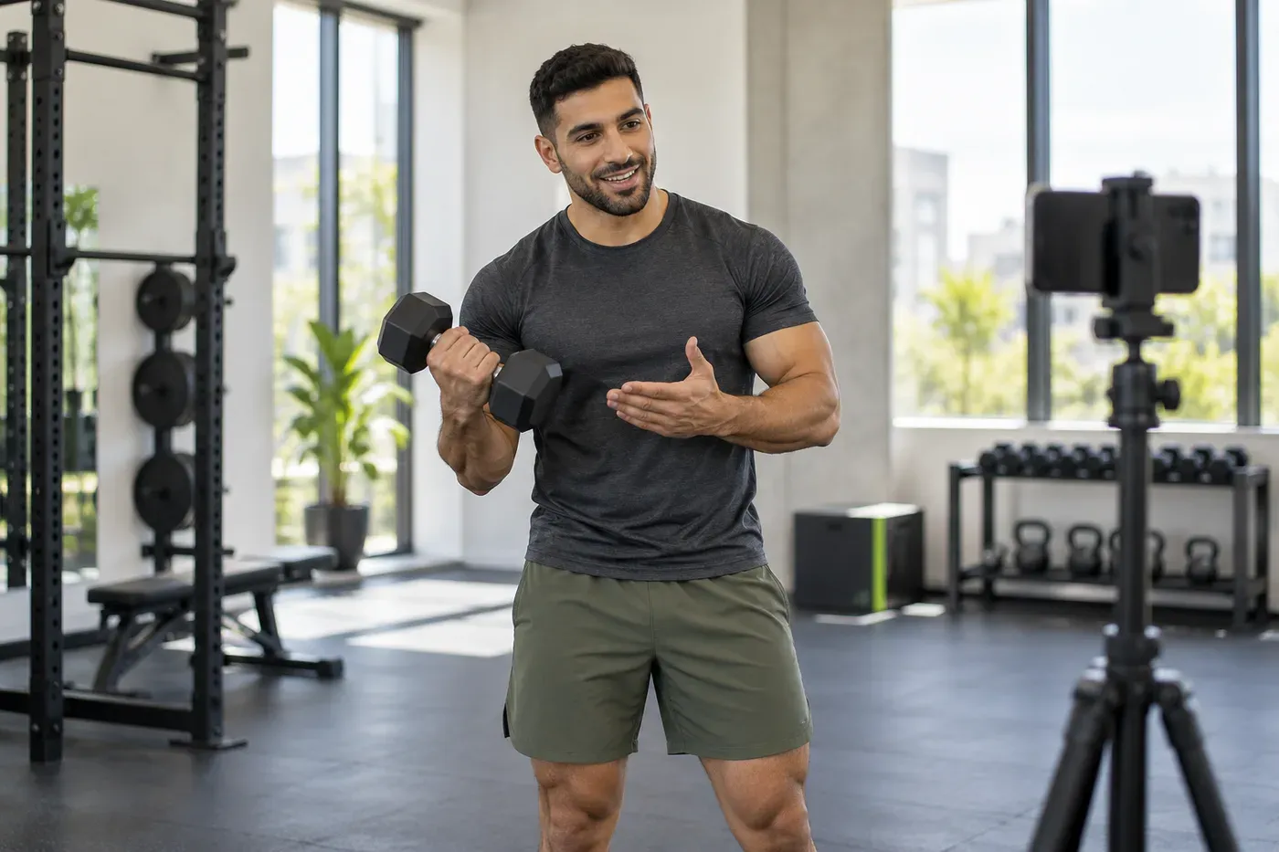 A fitness creator focusing on recording a training demonstration