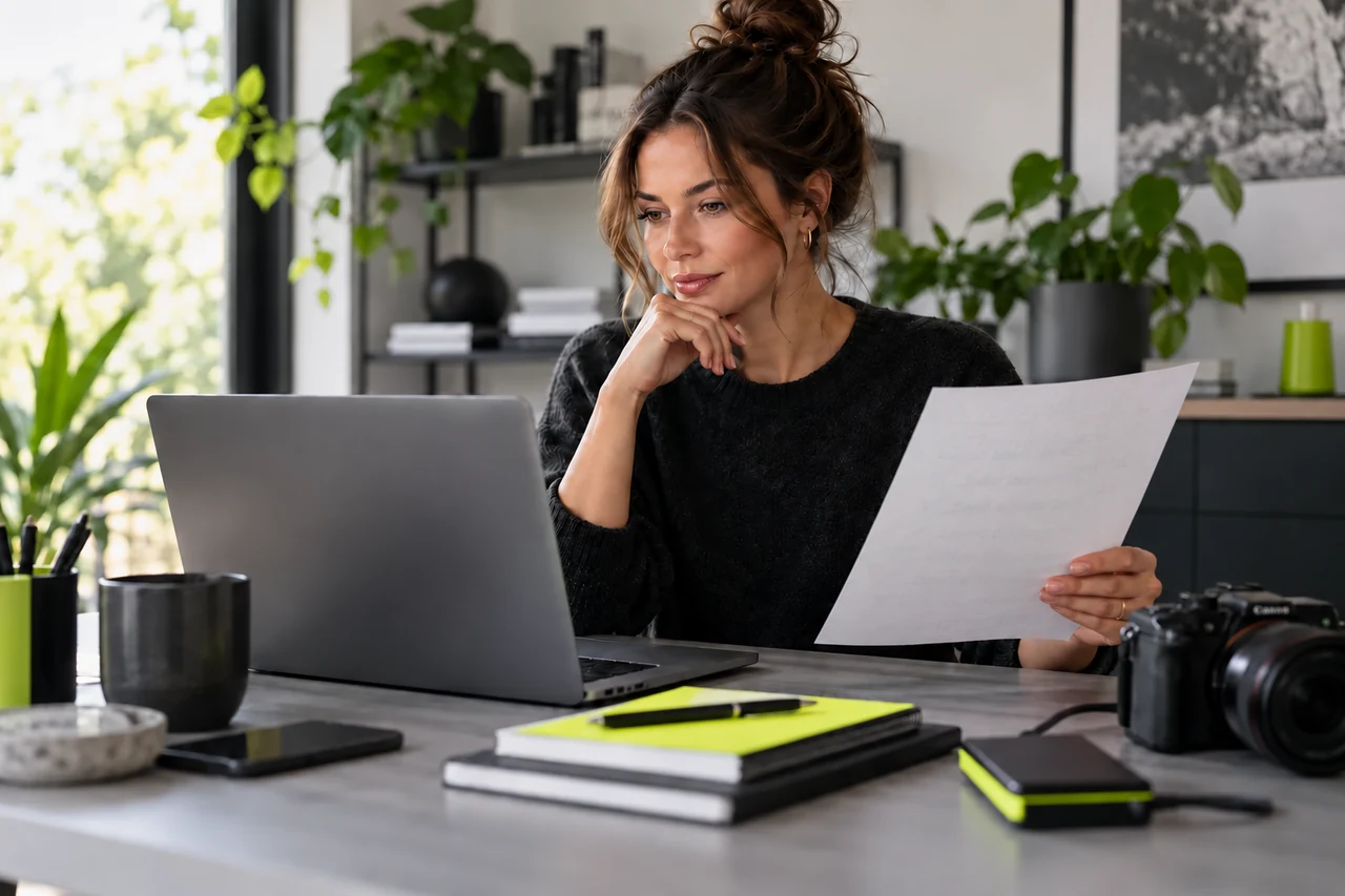 An adult creator reviewing a document at her laptop; the paper's reverse side faces the viewer.