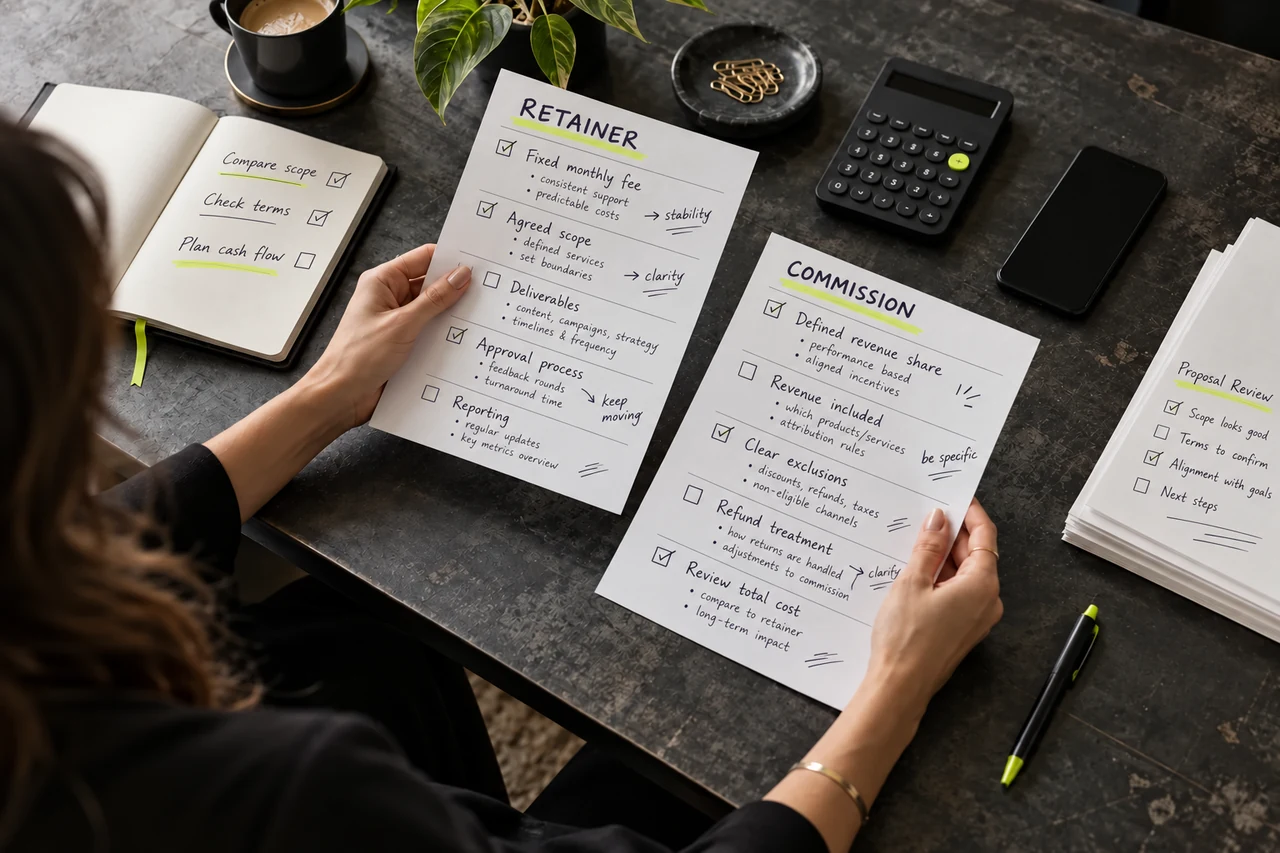Retainer and commission comparison worksheets with handwritten notes on a creator's desk.