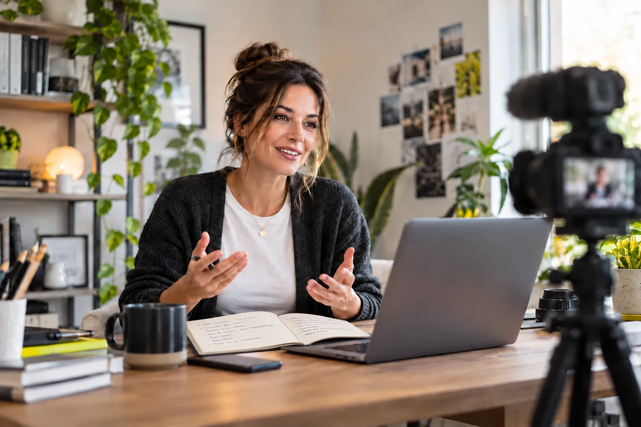 An adult creator discussing a plan beside an open notebook with small handwritten notes.