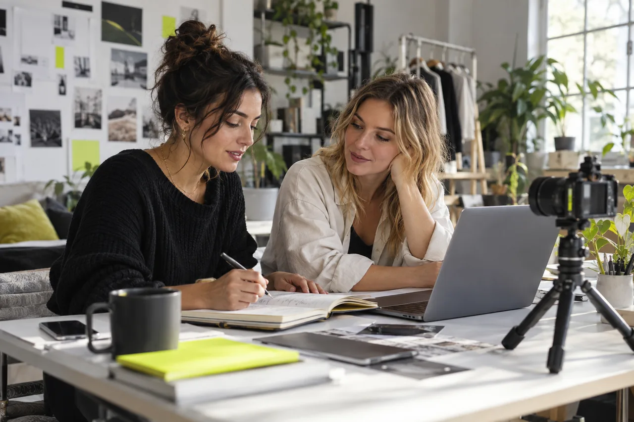 Two adult women discussing a creator business plan in a bright studio.