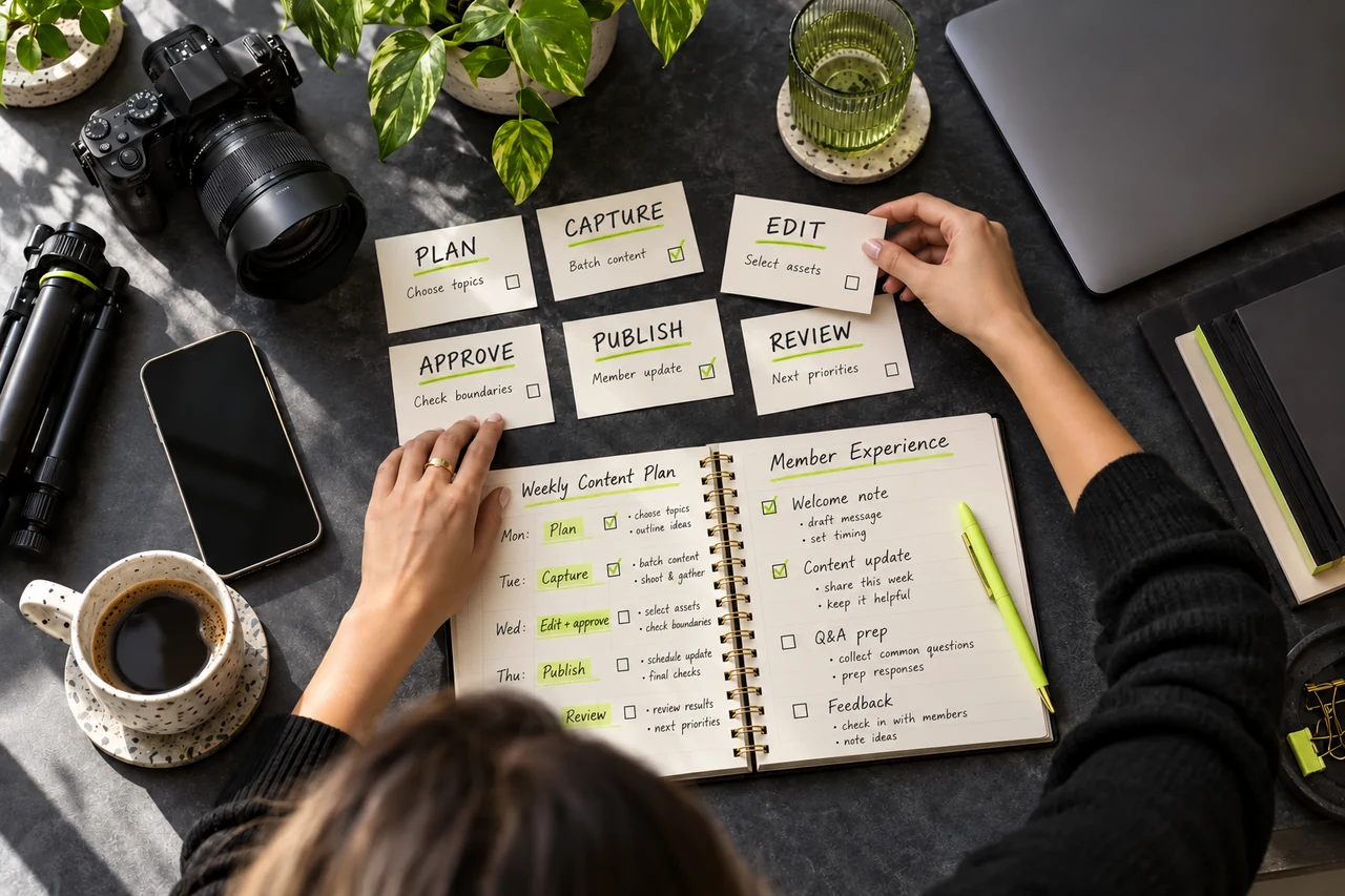 A filled weekly content planner and cards labeled Plan, Capture, Edit, Approve, Publish, and Review.