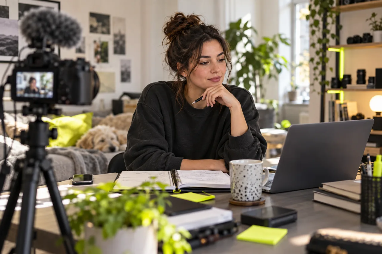 An adult creator reviewing her planner beside a laptop and camera.