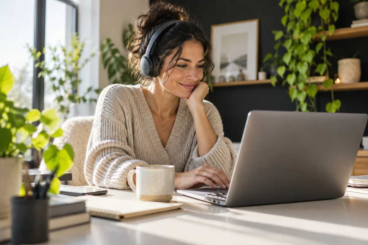 An adult creator working at a laptop with a notebook in a calm studio.